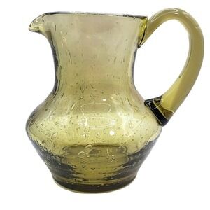 Hand Blown‎ Glass Pitcher Green Bubbles Small Vintage Serving Carafe